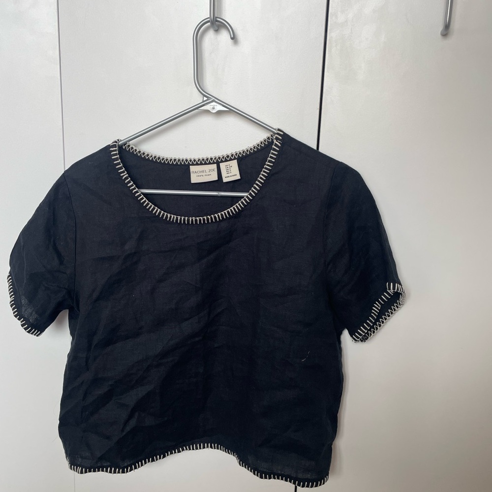 Rachel Zoe Black Linen Crop Top and Skirt Set with Cream Whipstitch Trim